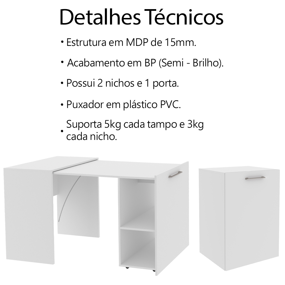 Escrivaninha Multiuso Retratil 2 nicho ME4170 Branco Tecno Mobili