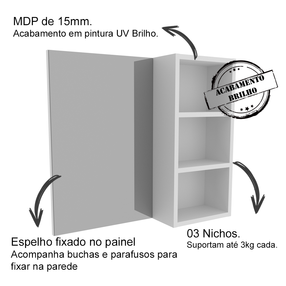 Espelheira Para Banheiro 3 Nichos BN3609 Branco Tecno Mobili