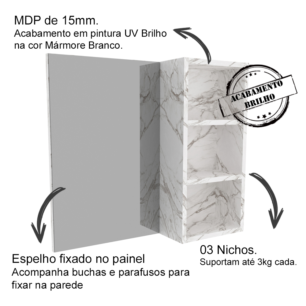 Espelheira Para Banheiro 3 Nichos BN3609 Marmore Branco Tecno Mobili