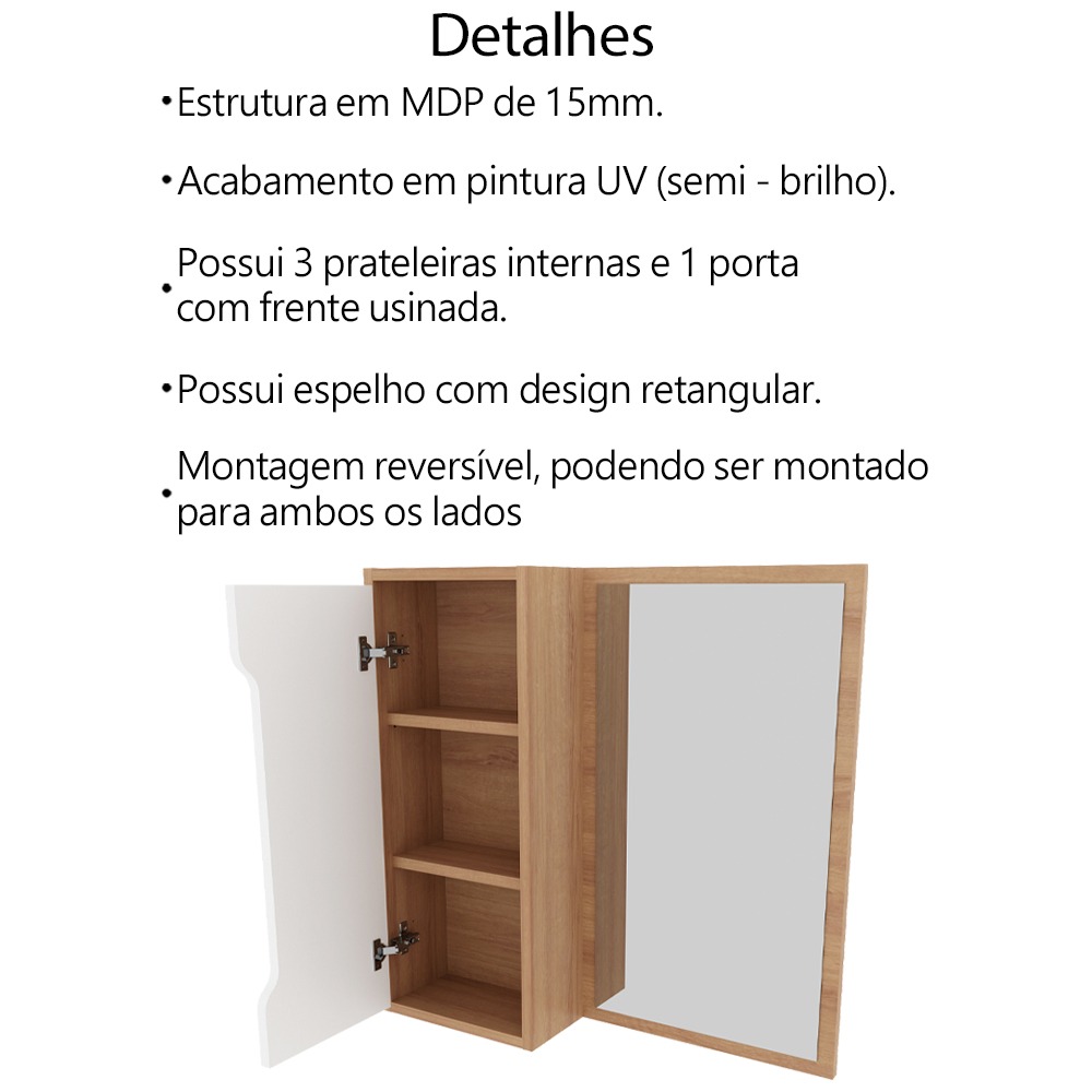 Espelheira Para Banheiro 60 cm 1 Porta BN3648 Amendoa Branco Tecno Mobili