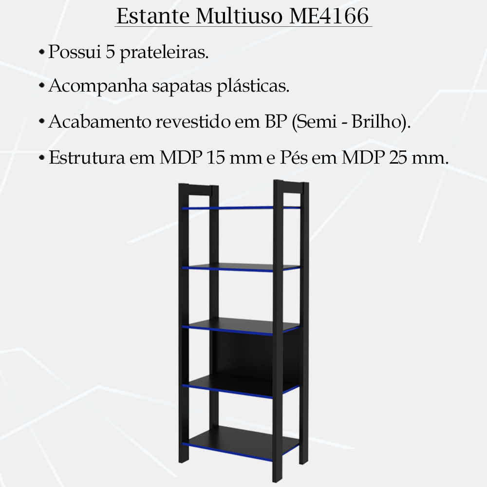 Estante Multiuso 5 Prateleiras ME4166 Preto Azul Tecno Mobili