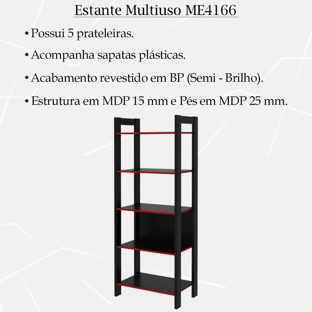 Estante Multiuso 5 Prateleiras ME4166 Preto Vermelho Tecno Mobili