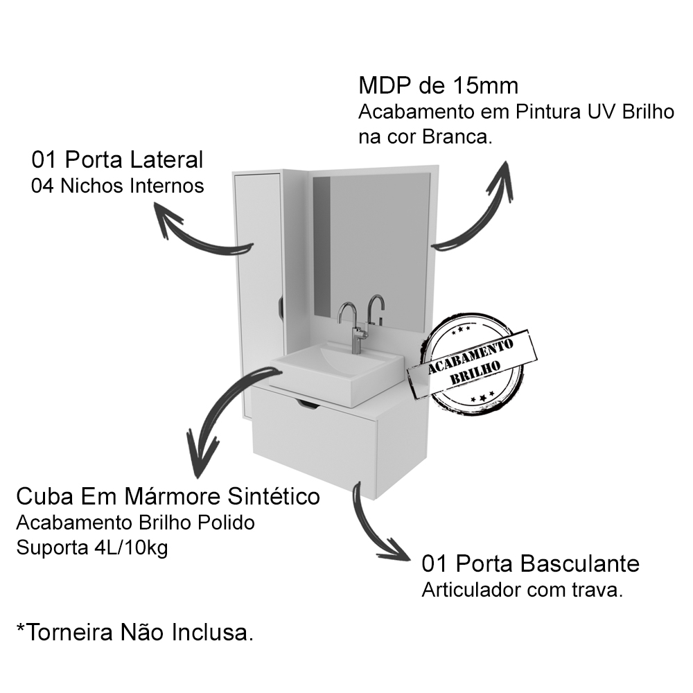 Gabinete Com Cuba E Espelho Para Banheiro BN3600x04 Branco Tecno Mobili