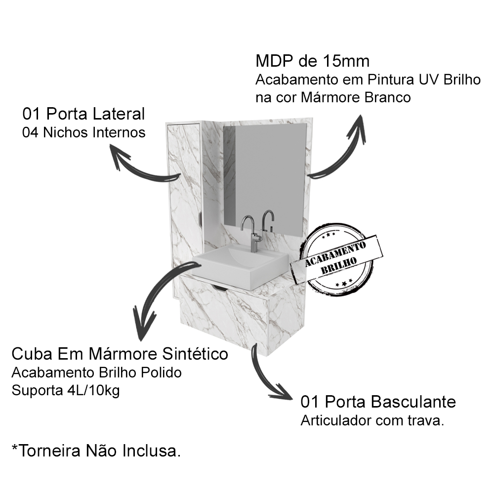 Gabinete Com Cuba E Espelho Para Banheiro BN3600x04 Marmore Branco Tecno Mobili