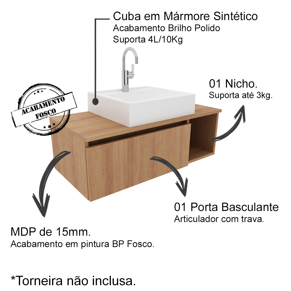 Gabinete Com Cuba Para Banheiro BN3600x01 Amendoa Tecno Mobili