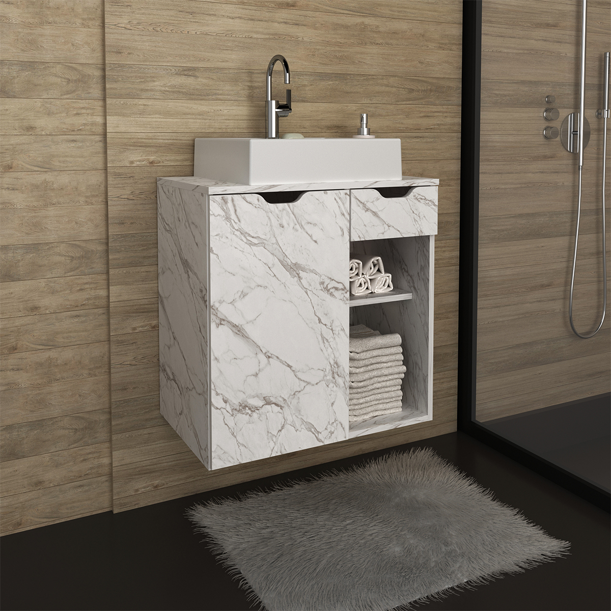 Gabinete Com Cuba Para Banheiro BN3600x05 Marmore Branco Tecno Mobili