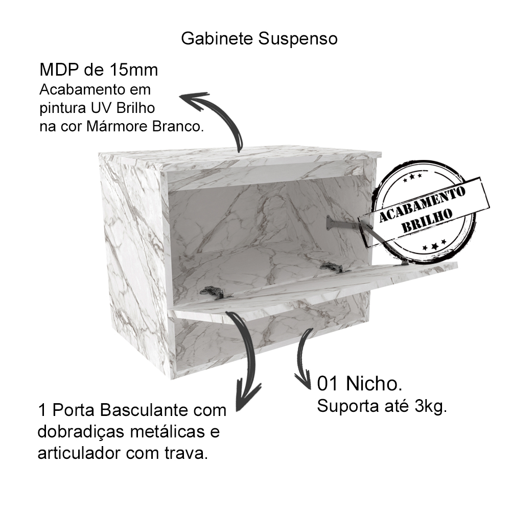 Gabinete Com Cuba Para Banheiro BN3600x06 Marmore Branco Tecno Mobili
