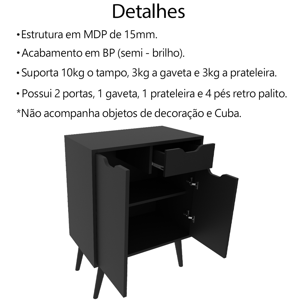 Gabinete Para Banheiro 2 Portas 1 Gaveta BN3637 Preto Tecno Mobili