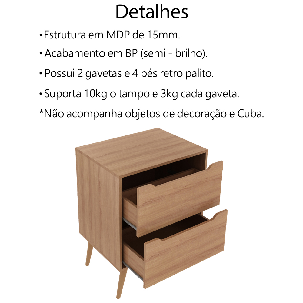 Gabinete Para Banheiro 60 cm Com 2 Gavetas BN3639 Amendoa Tecno Mobili