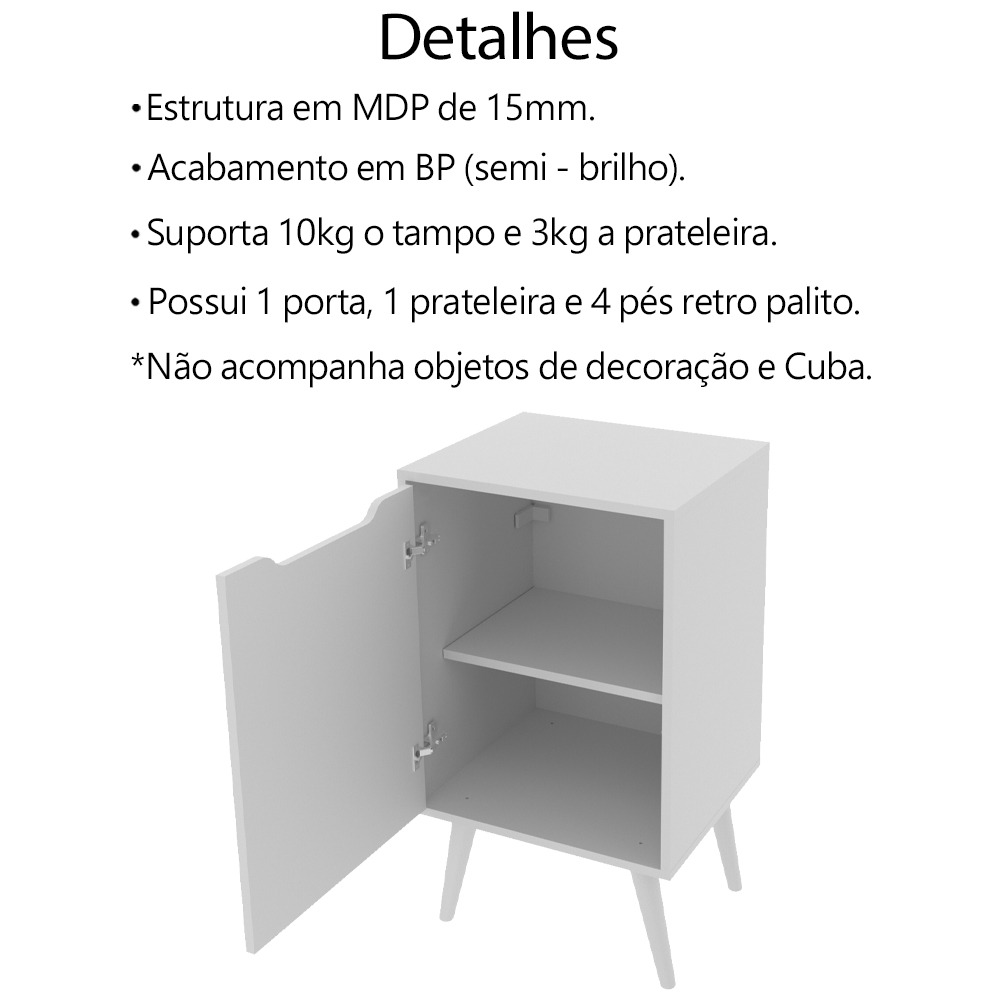 Gabinete Para Banheiro Pes Palito 1 Porta BN3641 Branco Tecno Mobili