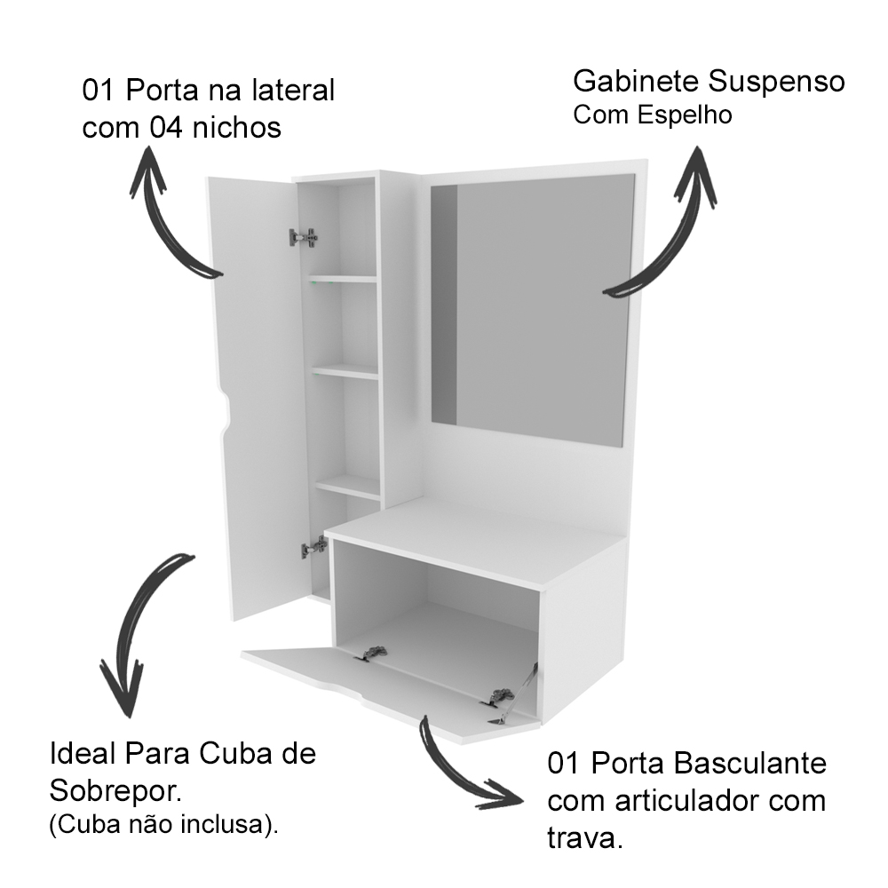 Gabinete Para Cuba De Banheiro Com Espelho BN3604 Branco Tecno Mobili