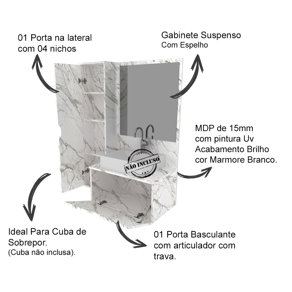 Gabinete Para Cuba De Banheiro Com Espelho BN3604 Marmore Branco Tecno Mobili