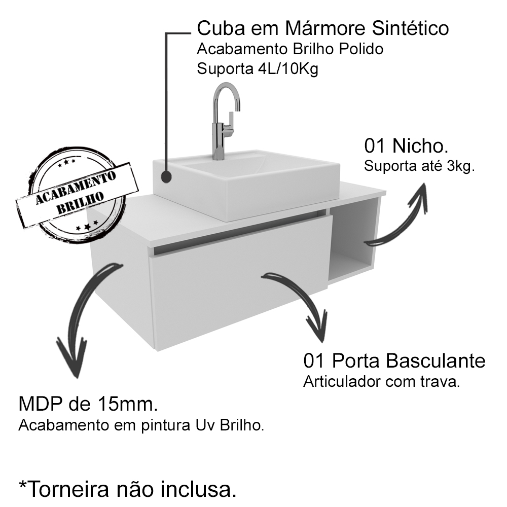 Gabinete Suspenso Com Cuba E Espelheira BN3600x01x02 Branco Tecno Mobili