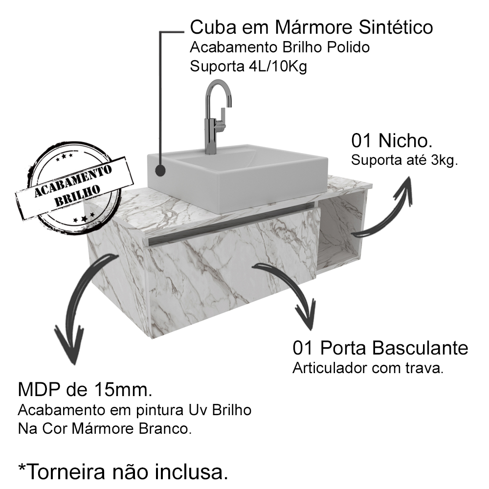 Gabinete Suspenso Com Cuba E Espelheira BN3600x01x02 Marmore Branco Tecno Mobili