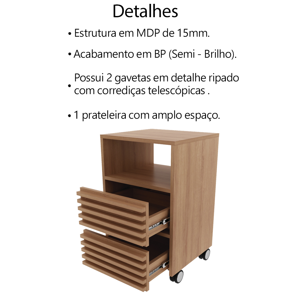 Gaveteiro com Rodizio e 2 Gavetas Ripado ME4175 Amendoa Tecno Mobili