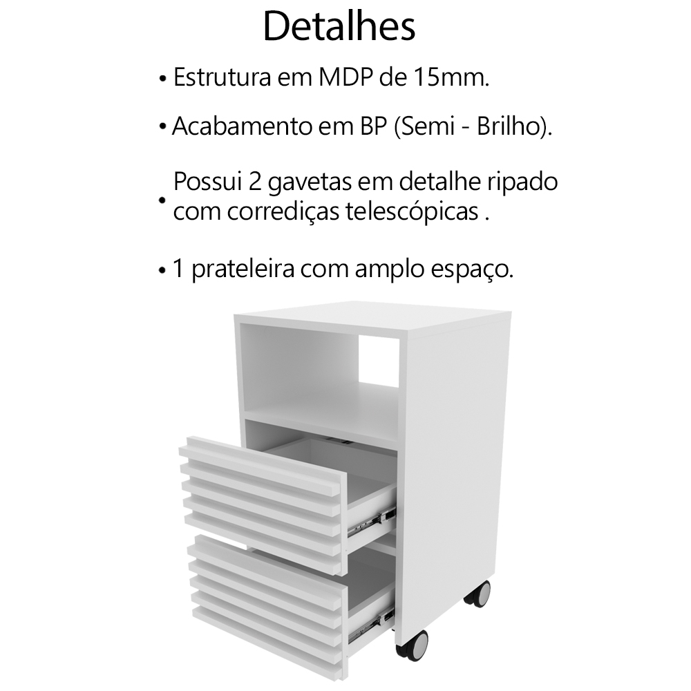 Gaveteiro com Rodizio e 2 Gavetas Ripado ME4175 Branco Tecno Mobili