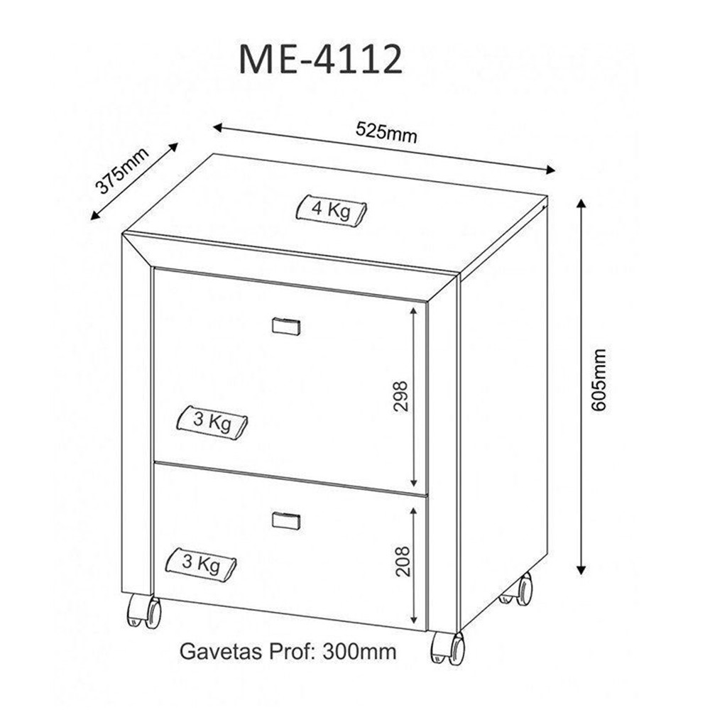 Gaveteiro para Escritório 02 Gavetas ME4112 Branco - Tecno Mobili