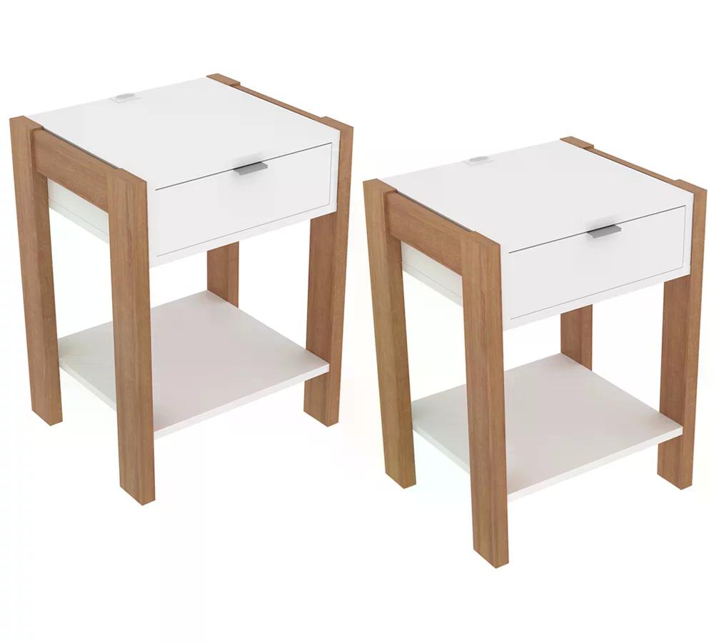 Kit 02 Mesa De Cabeceira Com Tomada 1 Gaveta AZ1016 Amendoa Branco Tecno Mobili