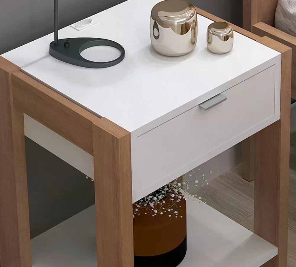 Kit 02 Mesa De Cabeceira Com Tomada 1 Gaveta AZ1016 Amendoa Branco Tecno Mobili