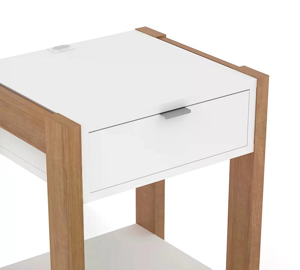 Kit 02 Mesa De Cabeceira Com Tomada 1 Gaveta AZ1016 Amendoa Branco Tecno Mobili