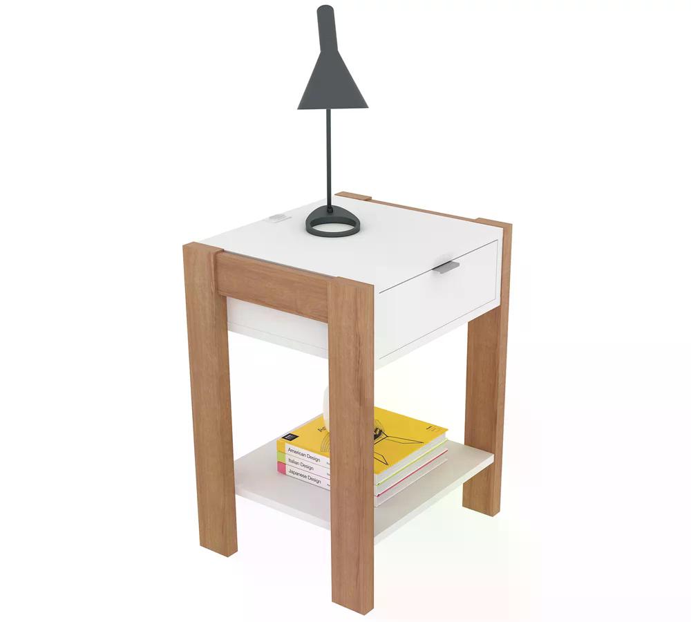 Kit 02 Mesa De Cabeceira Com Tomada 1 Gaveta AZ1016 Amendoa Branco Tecno Mobili