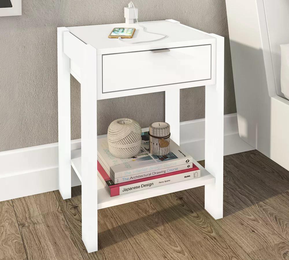 Kit 02 Mesas de Cabeceira com Tomada 1 Gaveta AZ1016 Branco Tecno Mobili