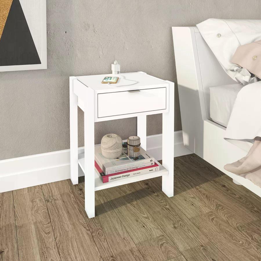 Kit 02 Mesas de Cabeceira com Tomada 1 Gaveta AZ1016 Branco Tecno Mobili