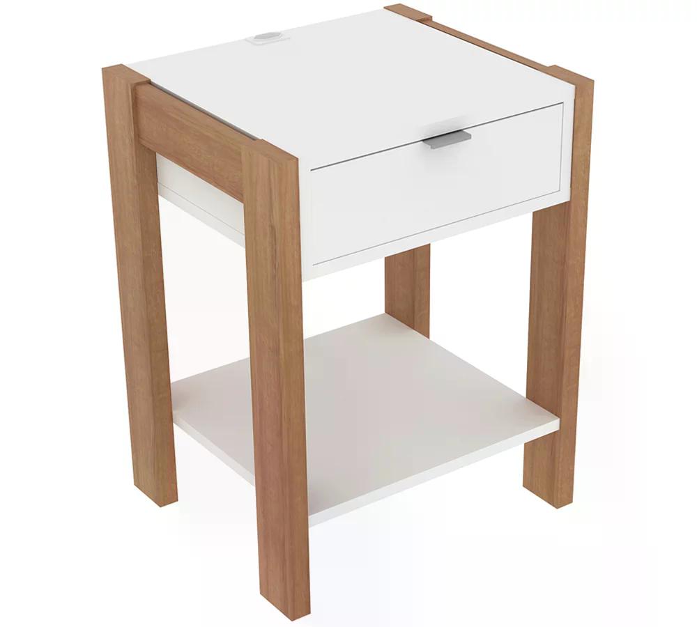 Mesa De Cabeceira Com Tomada 1 Gaveta AZ1016 Amendoa Branco Tecno Mobili