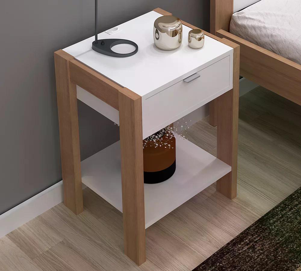 Mesa De Cabeceira Com Tomada 1 Gaveta AZ1016 Amendoa Branco Tecno Mobili