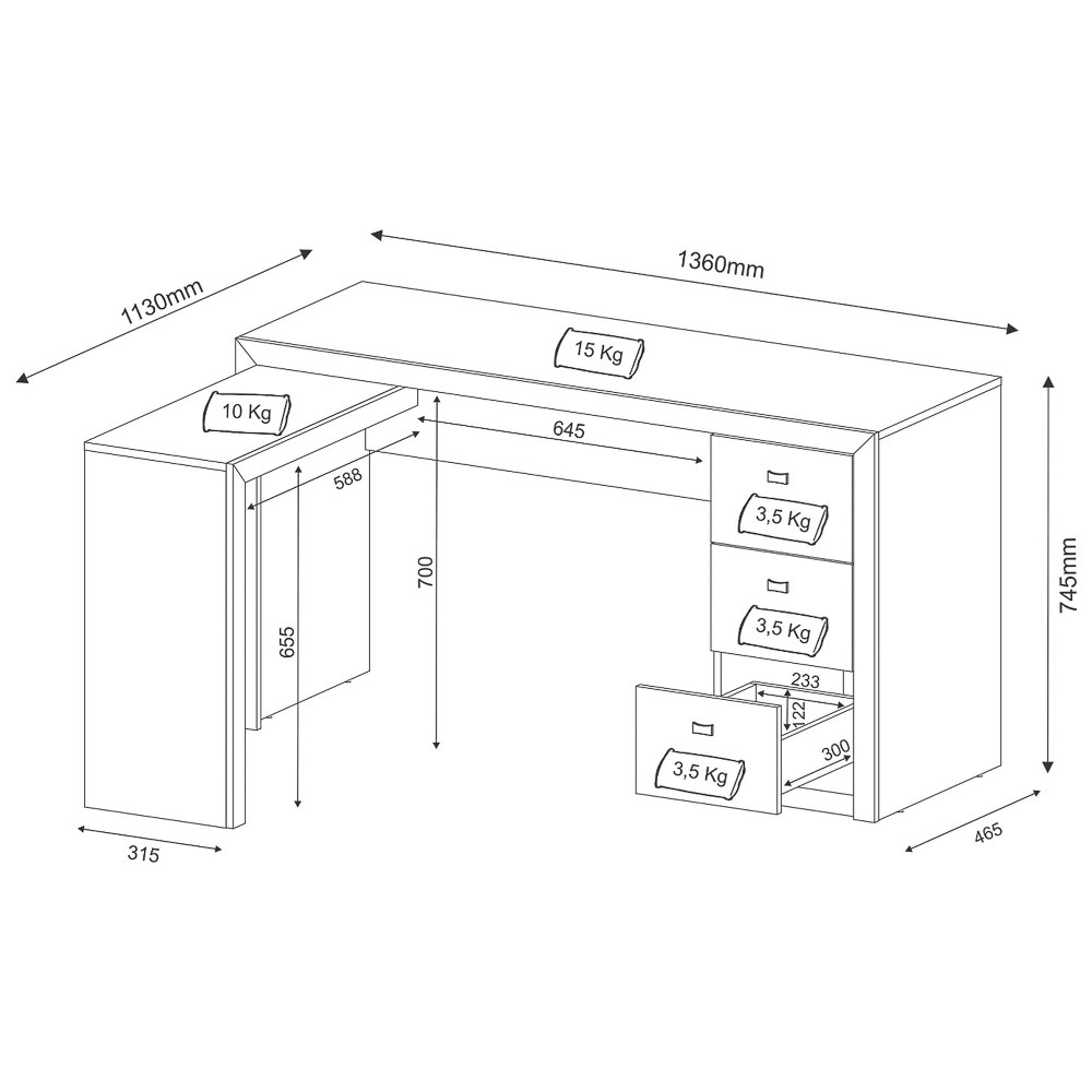 Mesa Em L Para Escritório 3 Gavetas ME4101 Branco - Tecno Mobili