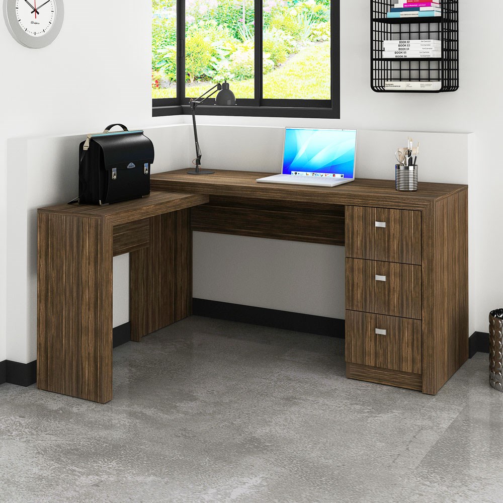 Mesa Em L Para Escritório 3 Gavetas ME4101 Nogal - Tecno Mobili
