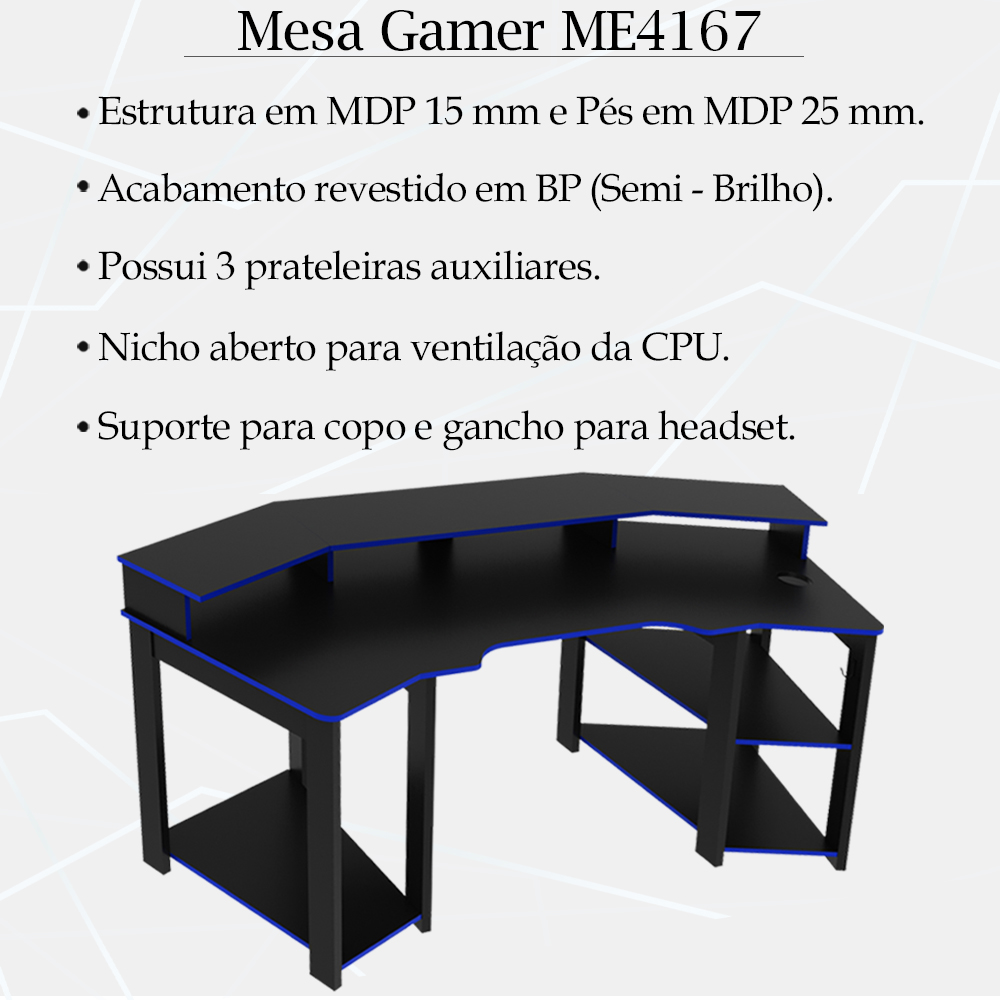 Mesa Gamer Cockpit 3 Prateleiras ME4167 Preto Azul Tecno Mobili
