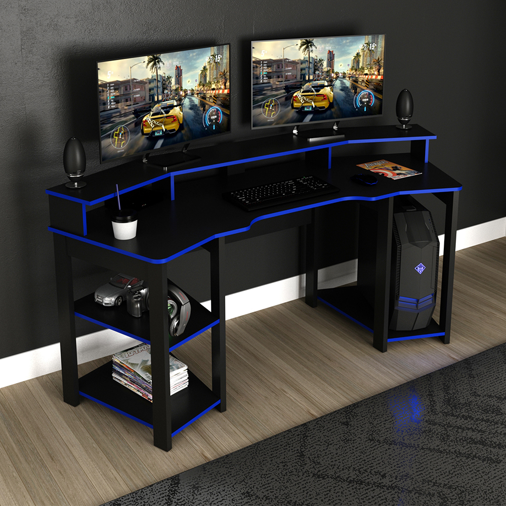 Mesa Gamer Cockpit 3 Prateleiras ME4167 Preto Azul Tecno Mobili