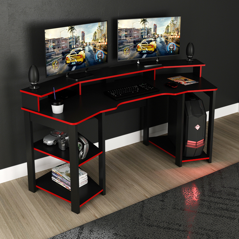 Mesa Gamer Cockpit 3 Prateleiras ME4167 Preto Vermelho Tecno Mobili
