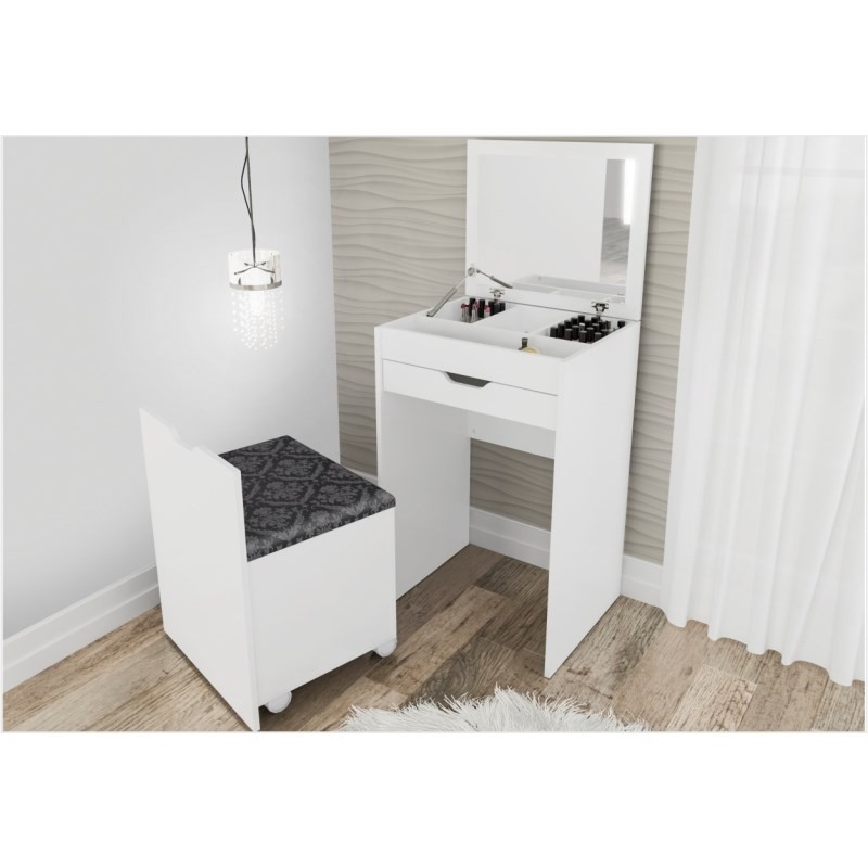Penteadeira Compacta 1 Gaveta e Espelho PE2007 Branco/Tecido 369 - Tecno Mobili