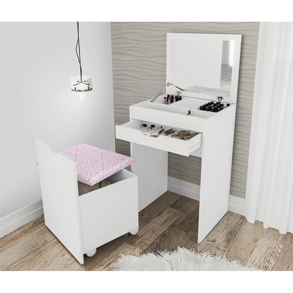 Penteadeira Compacta com Espelho PE2007 Branco/Rosa - Tecno Mobili