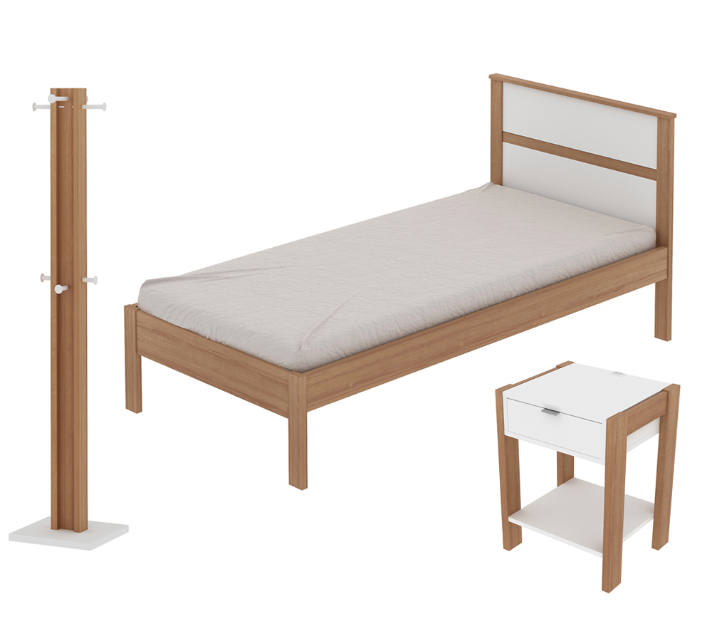 Quarto Solteiro 3 Peças CM8004 AZ1016 AZ1018 QT1 Amendoa Branco Tecno Mobili