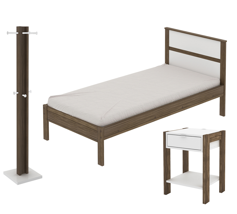 Quarto Solteiro 3 Peças CM8004 AZ1016 AZ1018 QT1 Nogal Branco Tecno Mobili