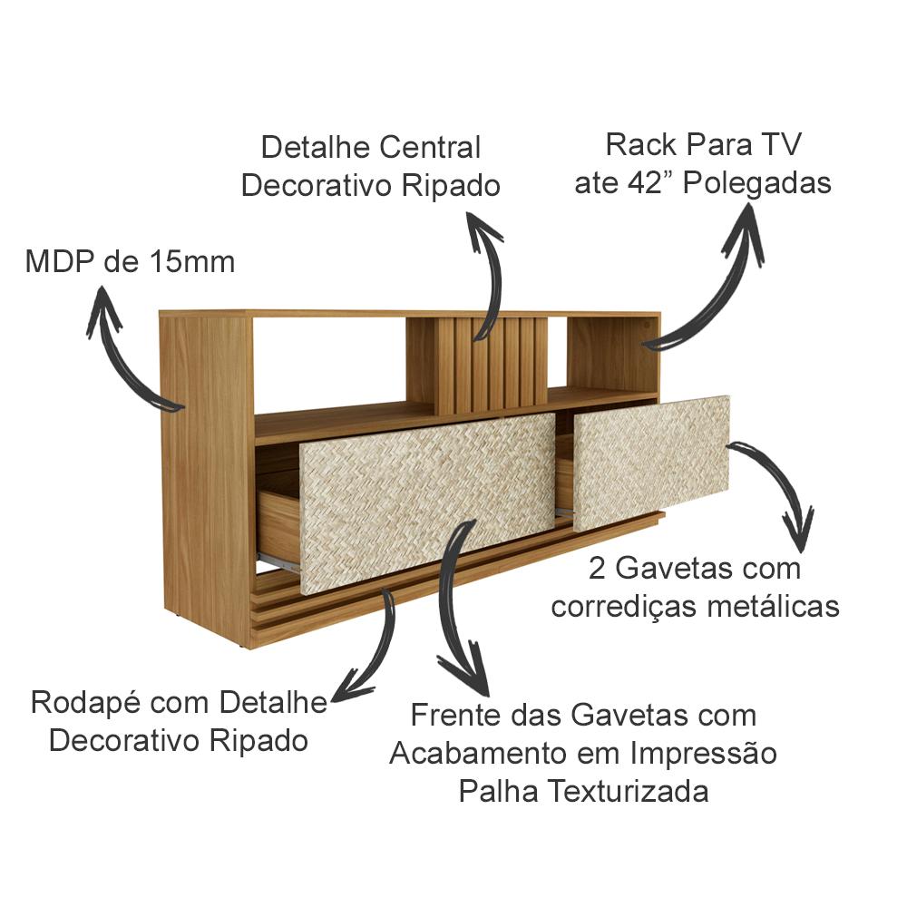 Rack 2 Gavetas Para Tv 42 Polegadas R1479 Natural Palha Tecno Mobili