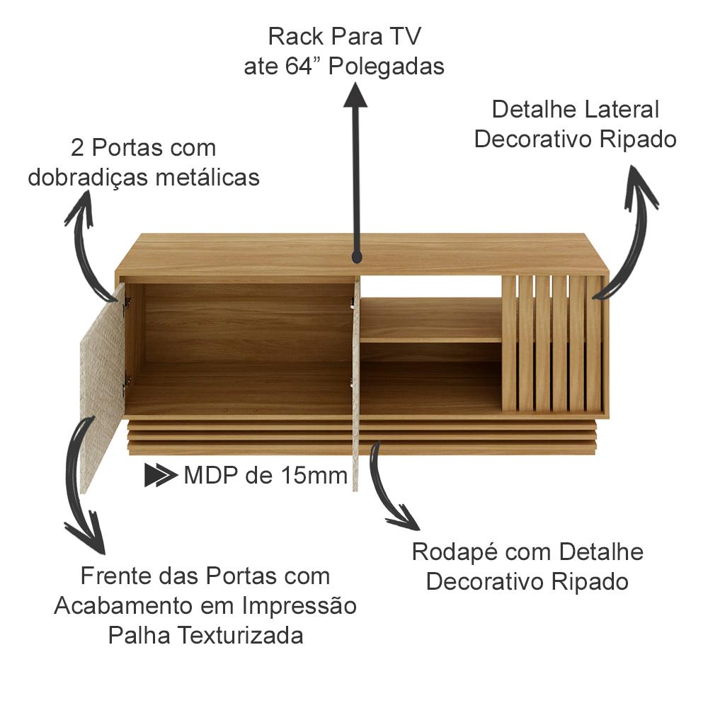 Rack E Painel Para Tv 42 Polegadas PA2913xR1480 Natural Palha Tecno Mobili