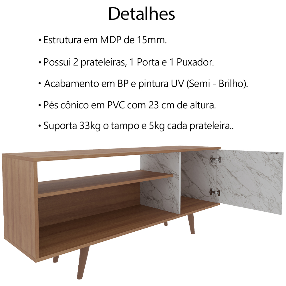 Rack Para TV 42 Pol 136 cm 1 Porta R1486 Amendoa Marmore Branco Tecno Mobili