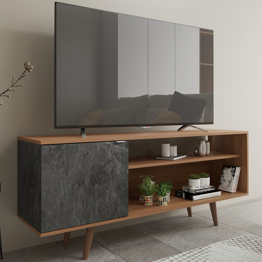Rack Para TV 42 Pol 136 cm 1 Porta R1486 Amendoa Marmore Lunar Tecno Mobili