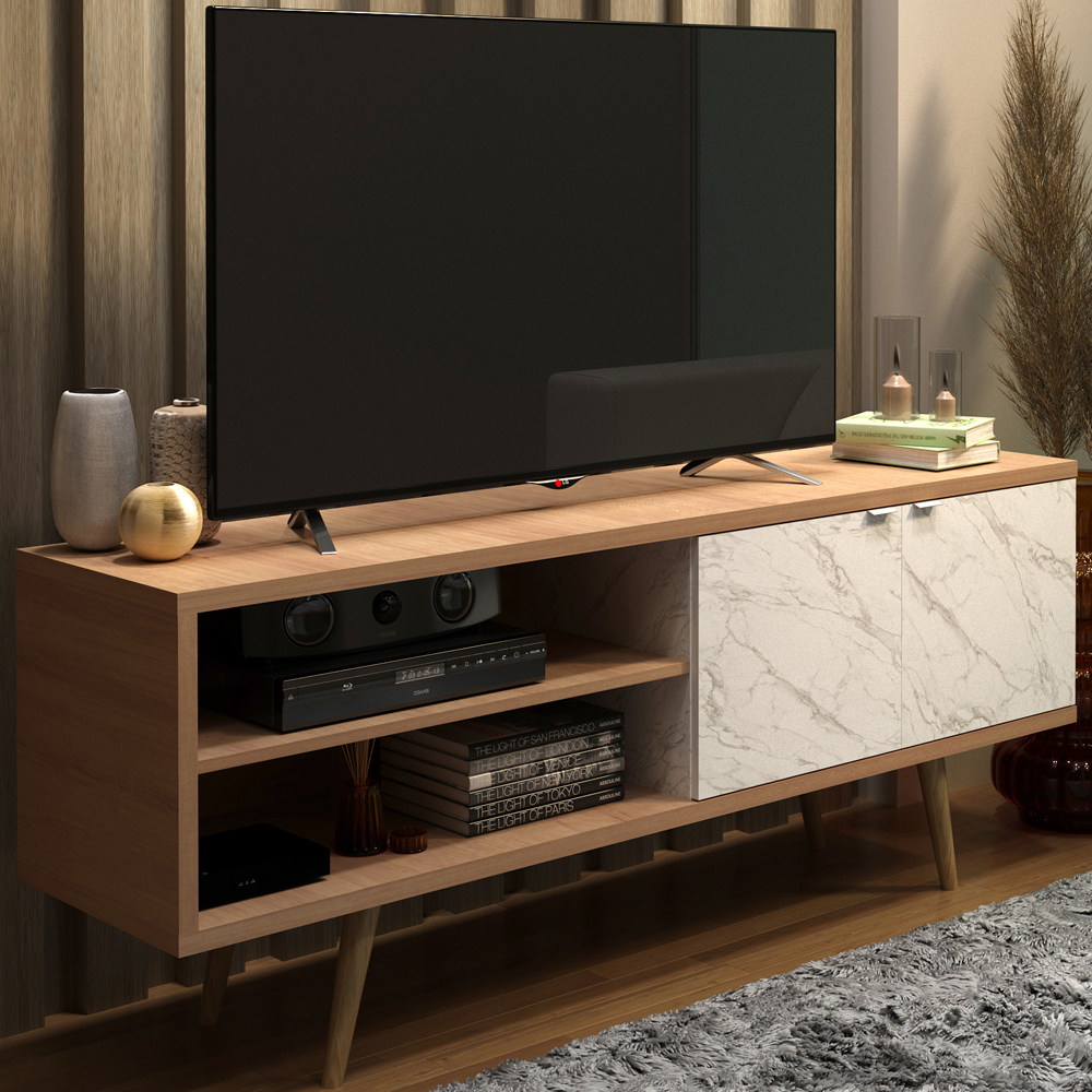 Rack Para TV 55 Pol 160 cm 2 Portas R1482 Amendoa Marmore Branco Tecno Mobili