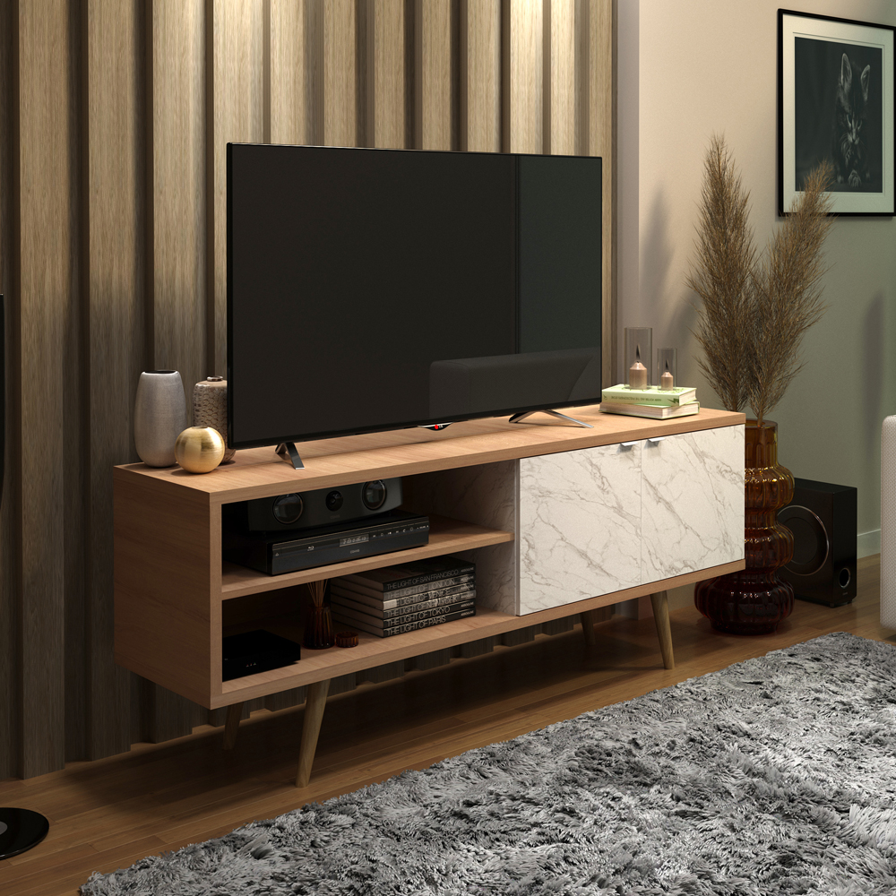 Rack Para TV 55 Pol 160 cm 2 Portas R1482 Amendoa Marmore Branco Tecno Mobili