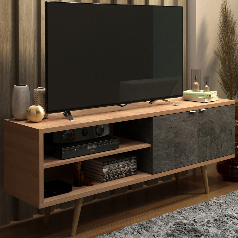 Rack Para TV 55 Pol 160 cm 2 Portas R1482 Amendoa Marmore Lunar Tecno Mobili