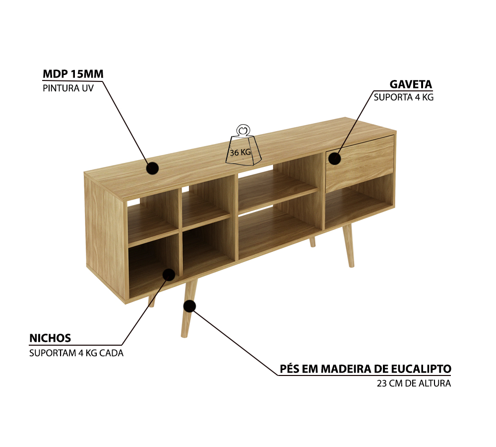 Rack Para TV 55 Polegadas 7 Nichos R1462 Natural Tecno Mobili