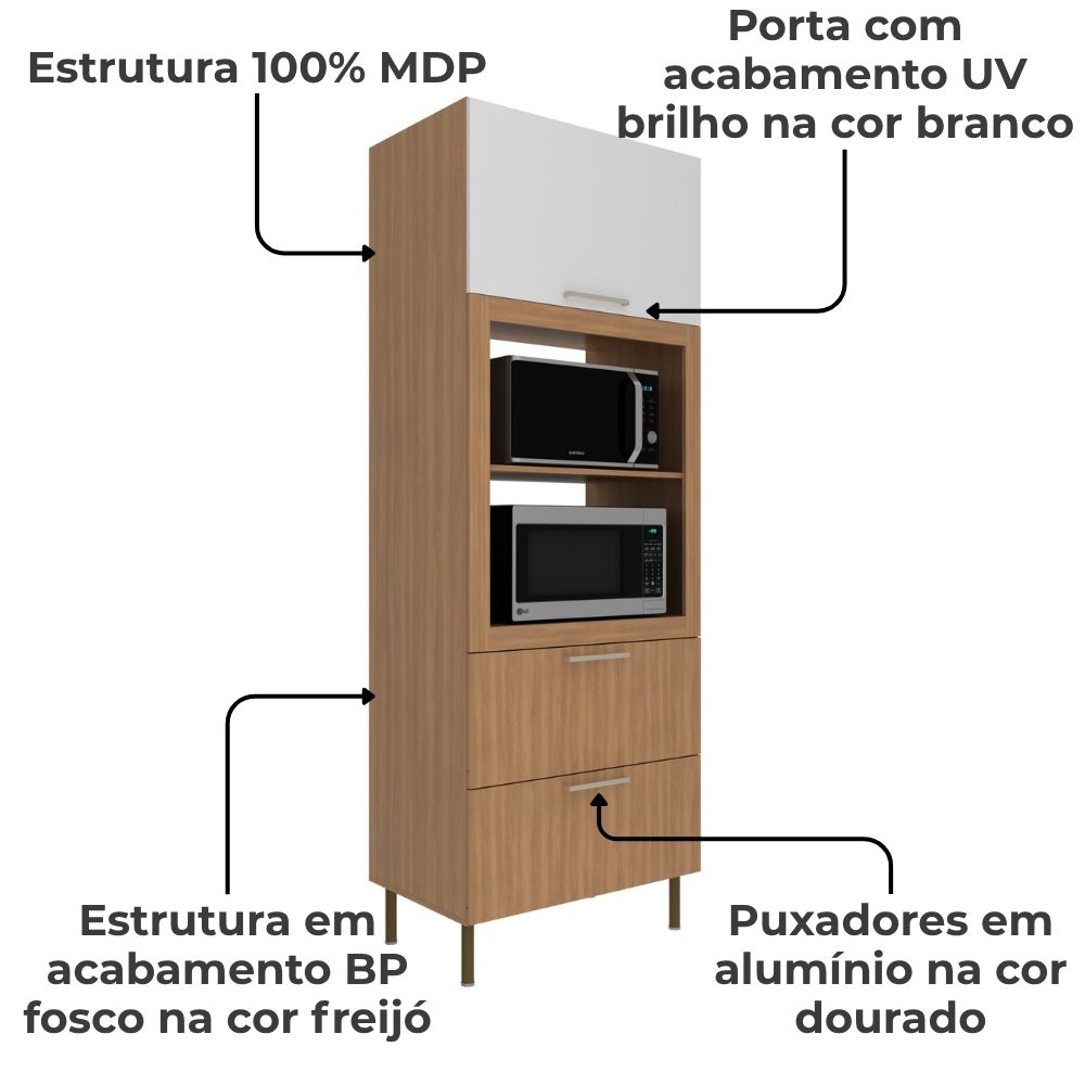 Torre Quente 1 Porta 2 Gavetas 222x80 cm CZ3142 Freijo Branco Tecno Mobili