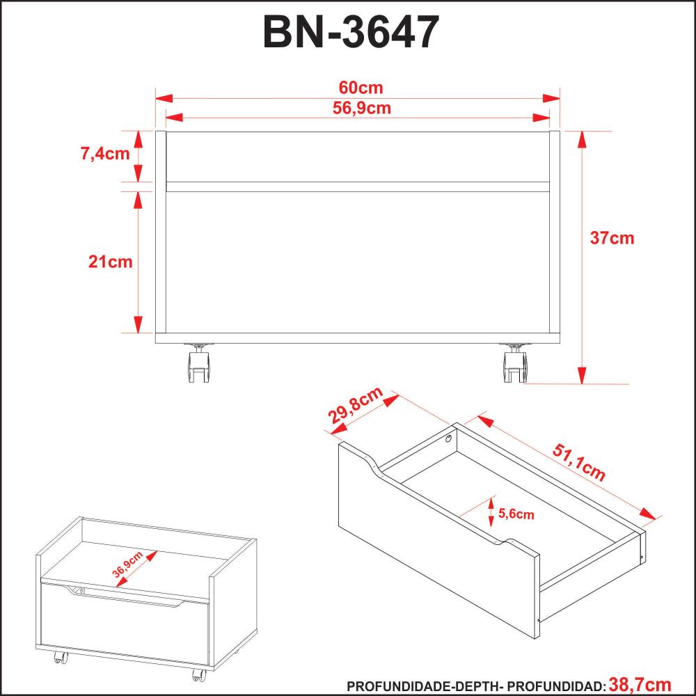 Armário Balcão Gabinete 60cm Gavetão com Rodízio BN3647 Branco Tecnomobili
