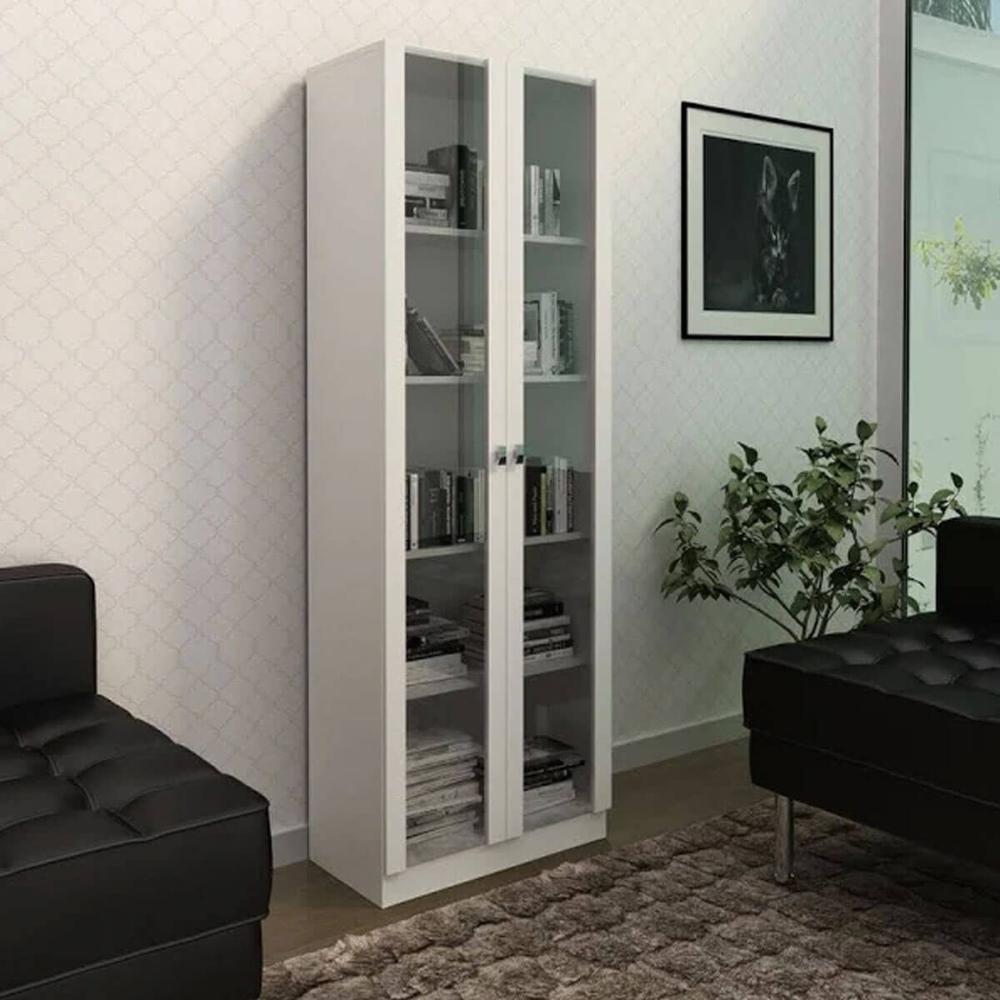 Armário Branco Escritório 60x31,5x171,5cm Portas Vidro Prateleiras ME4115 Tecnomobili