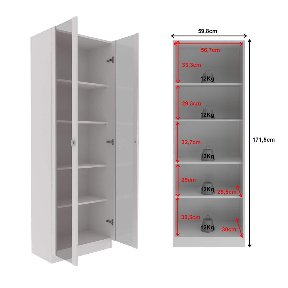 Armário Branco Escritório 60x31,5x171,5cm Portas Vidro Prateleiras ME4115 Tecnomobili